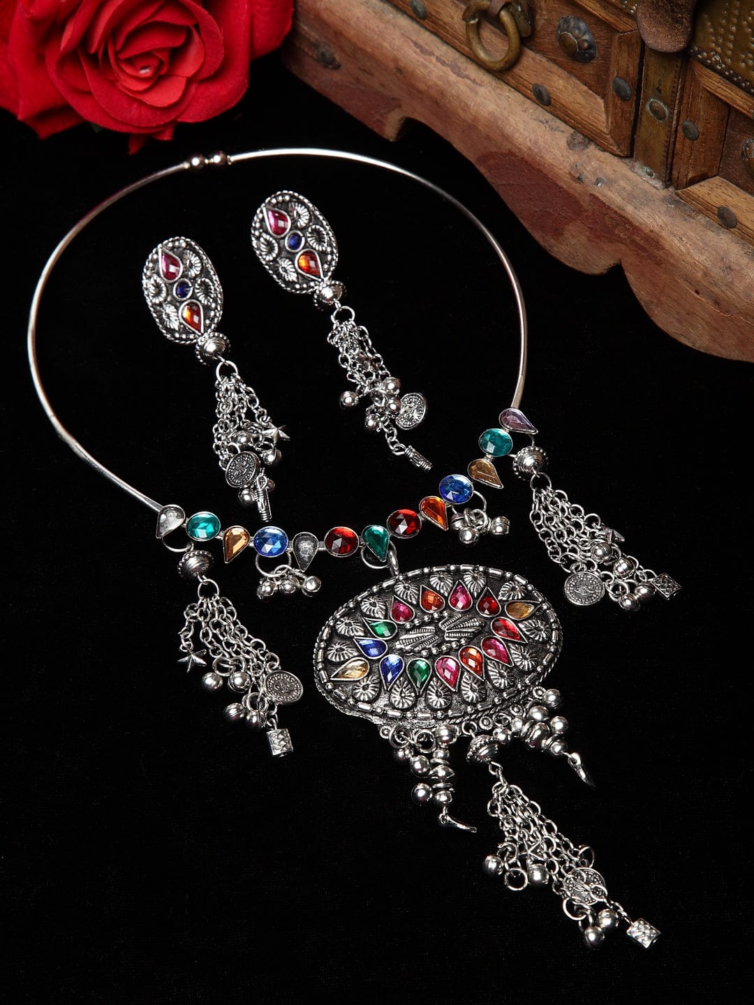Silver-Plated Ghungroo & Stones-Studded Oxidised Jewellery Set