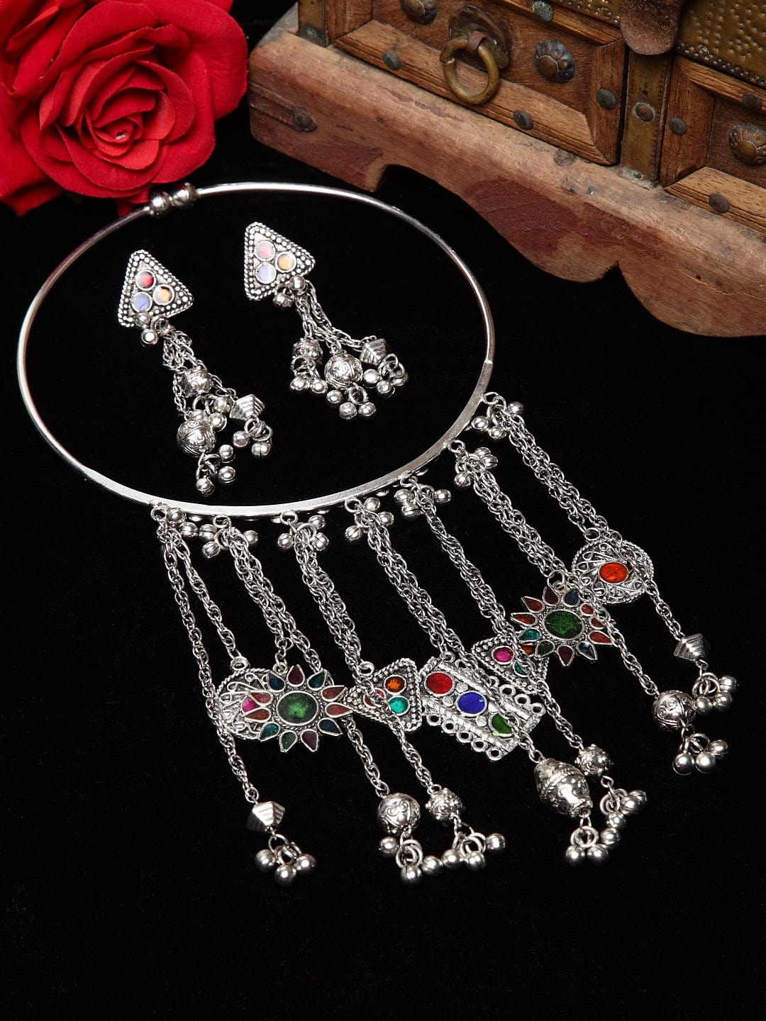Oxidised Silver-Plated Meenakari Handcrafted Jewellery Set