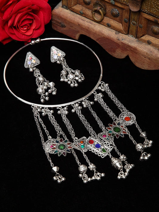 Oxidised Silver-Plated Meenakari Handcrafted Jewellery Set