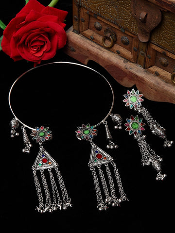 Silver Plated Meenakari Work Ghungroo & Charms Tasselled Design Jewellery Set