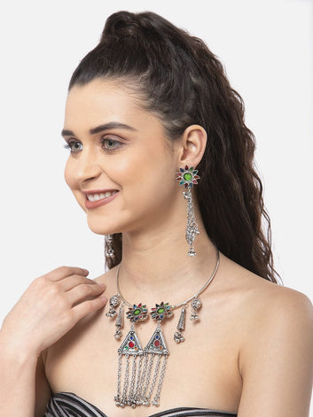 Silver Plated Meenakari Work Ghungroo & Charms Tasselled Design Jewellery Set