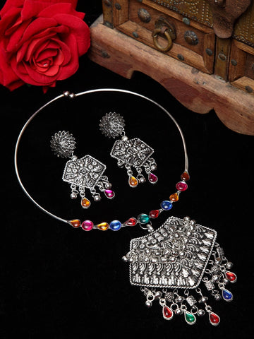 Oxidised Silver-Plated Ghungroo & Stone Studded Jewellery Set