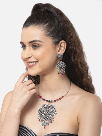 Oxidised Silver-Plated Ghungroo & Stone Studded Jewellery Set