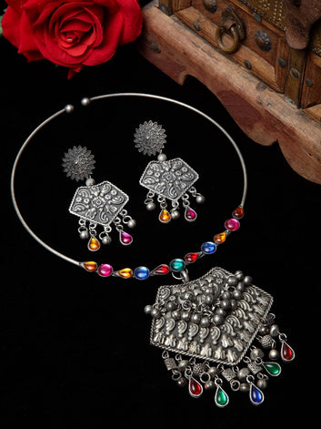 Oxidized Silver-Plated Multi-Coloured Crystal-Studded Handcrafted Jewellery Set