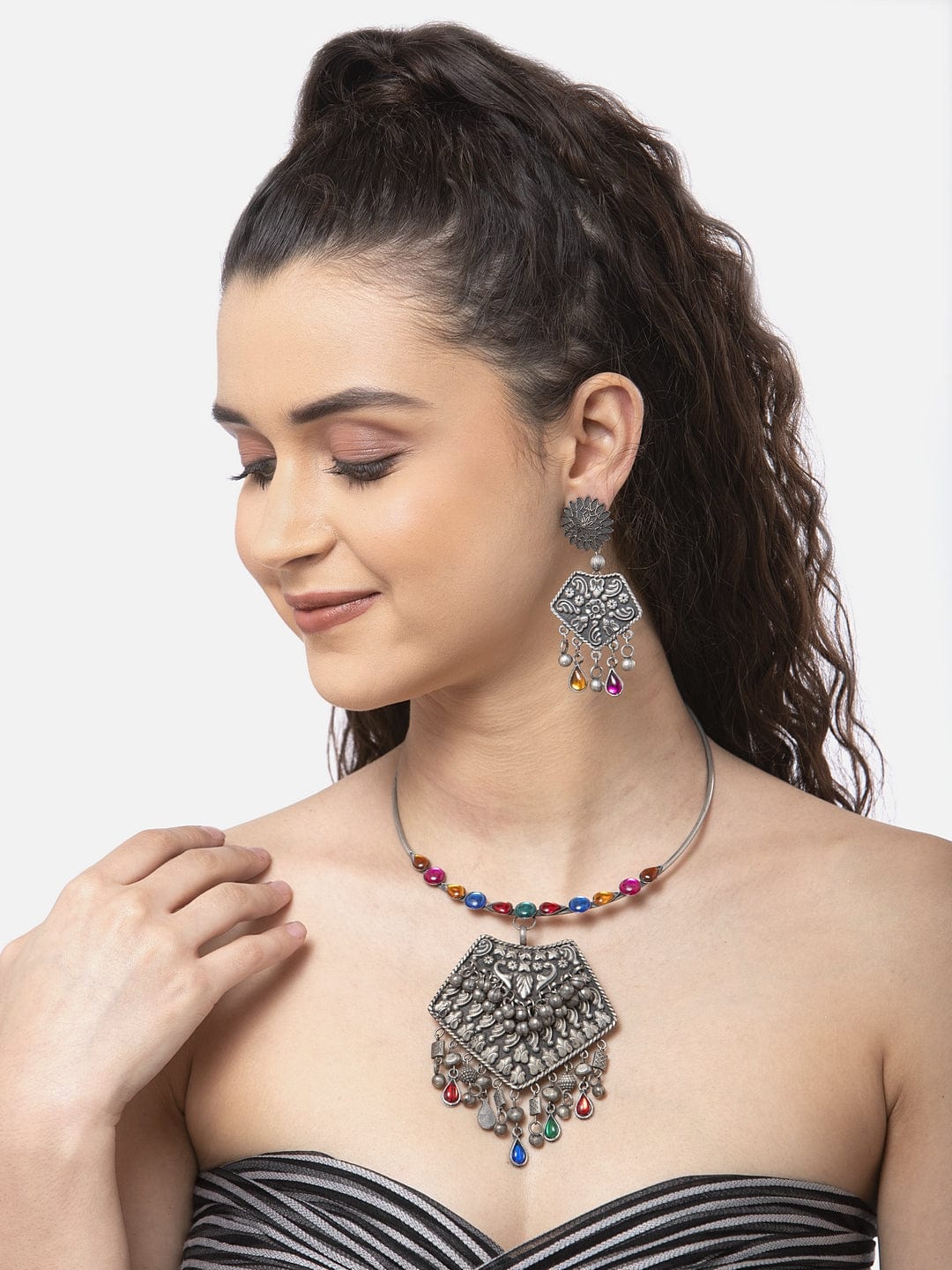 Oxidized Silver-Plated Multi-Coloured Crystal-Studded Handcrafted Jewellery Set