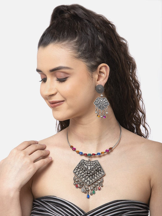 Oxidized Silver-Plated Multi-Coloured Crystal-Studded Handcrafted Jewellery Set