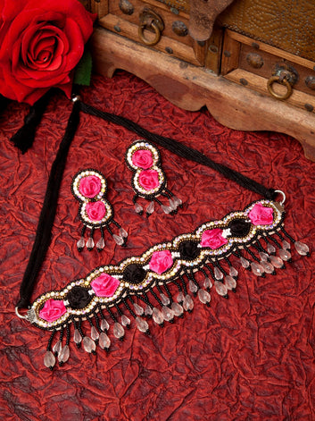 Pink & Black Silver Plated Beads & Stones Floral Handcrafted Jewellery