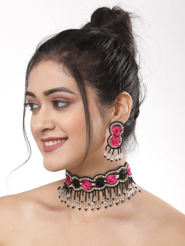 Pink & Black Silver Plated Beads & Stones Floral Handcrafted Jewellery