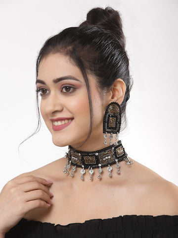 Oxidised Silver-Plated White & Black Crystal-Studded & Beaded Handcrafted Jewellery Set