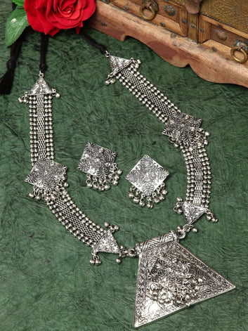 Silver Plated Ghungroo & Stones Studded Tribal Design Handcrafted Jewellery Set