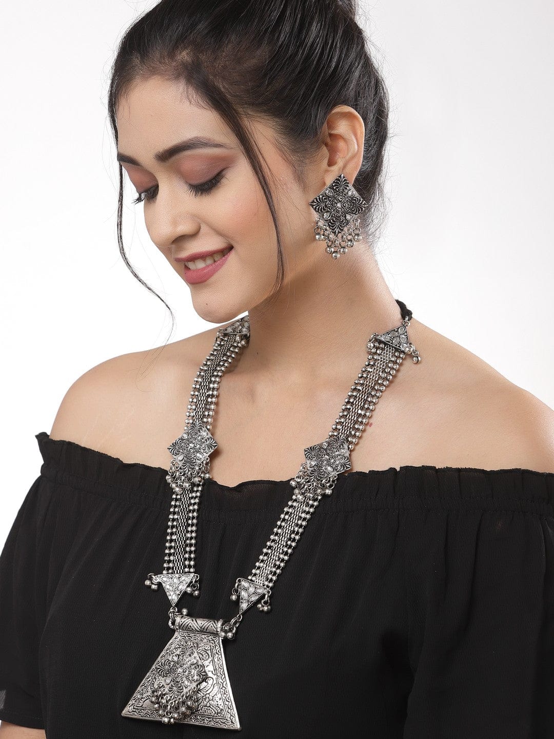 Silver Plated Ghungroo & Stones Studded Tribal Design Handcrafted Jewellery Set