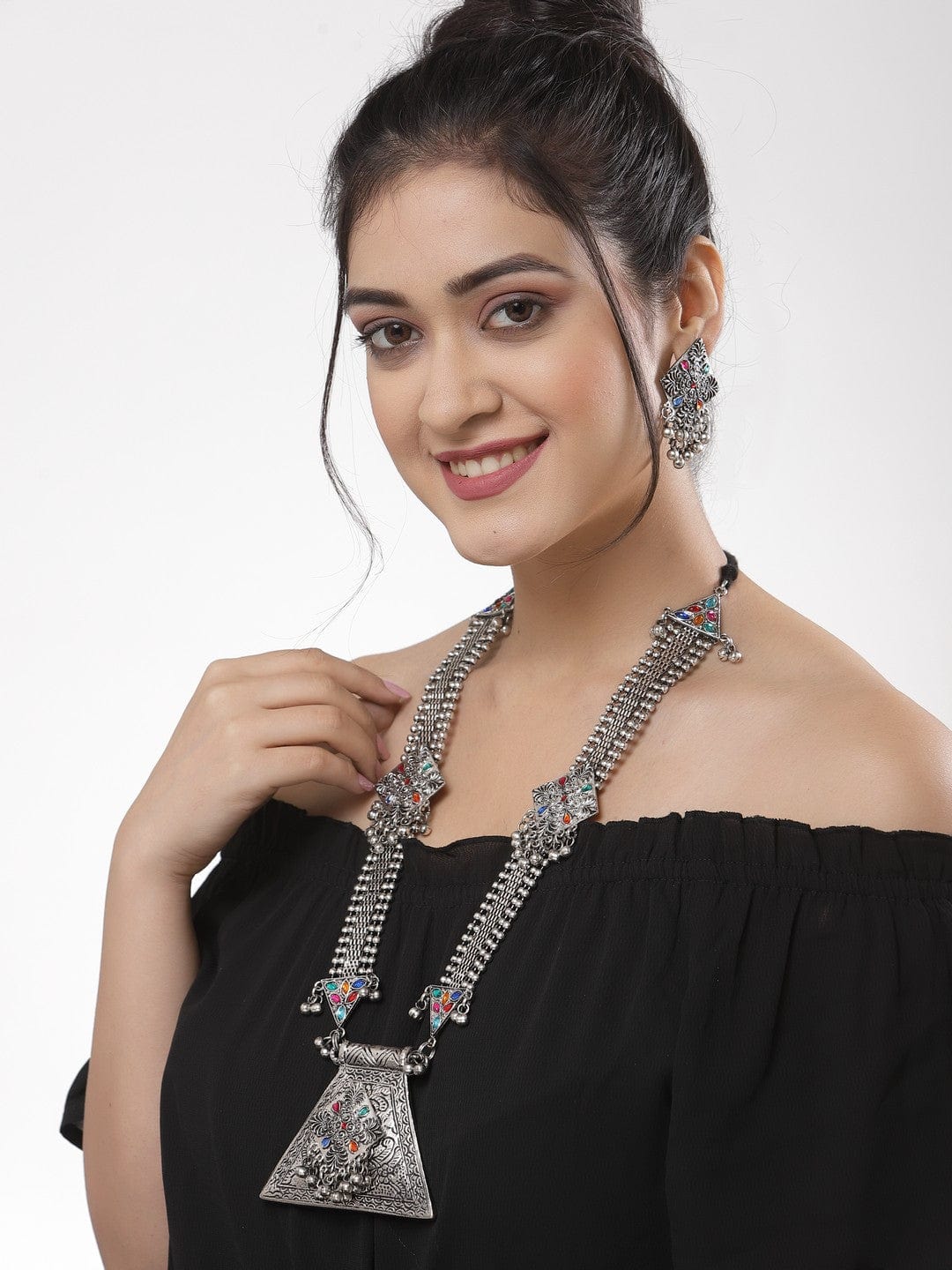 Silver-Plated Stone Studded Tribal Design Oxidised Handcrafted Jewellery Set