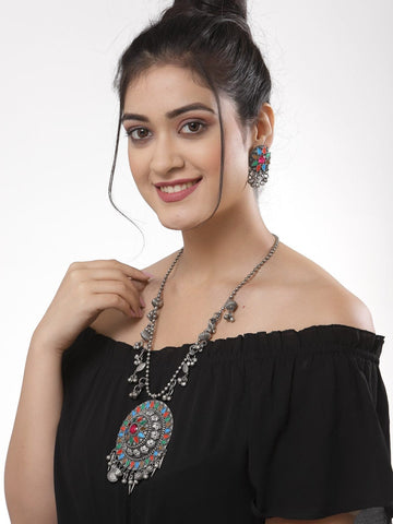 Oxidised Silver-Plated Stone Studded Afghan Handcrafted Jewellery Set