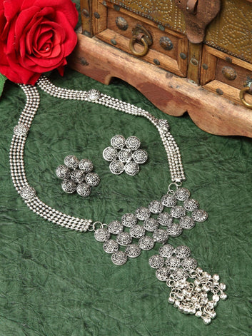 Silver-Plated Stone-Studded Afghan Design Handcrafted Tasselled Jewellery Set