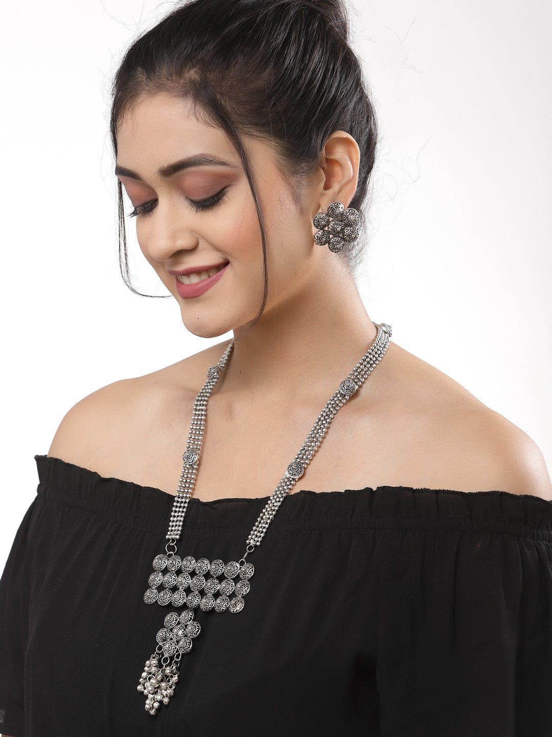 Silver-Plated Stone-Studded Afghan Design Handcrafted Tasselled Jewellery Set