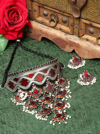 Oxidized Silver-Plated Stone-Studded & Pearl Beaded Jewellery Set