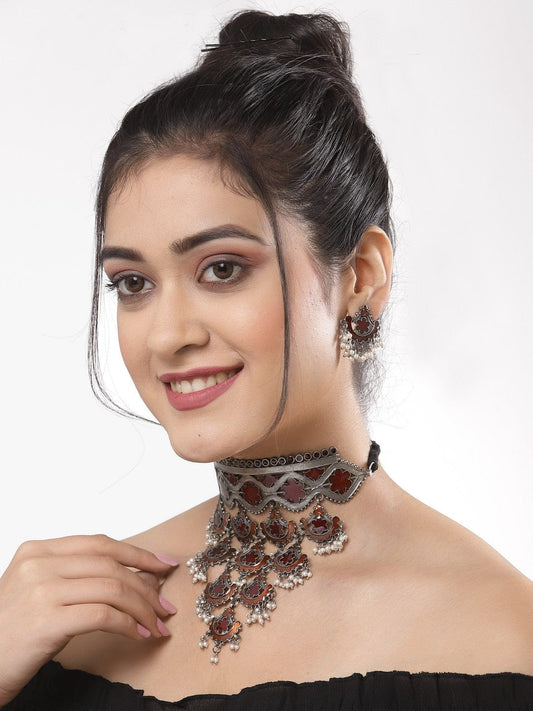 Oxidized Silver-Plated Stone-Studded & Pearl Beaded Jewellery Set
