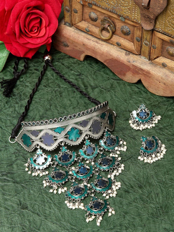 Woman Oxidized Sliver Turquoise Blue & Green Meenakari Jewellery Set