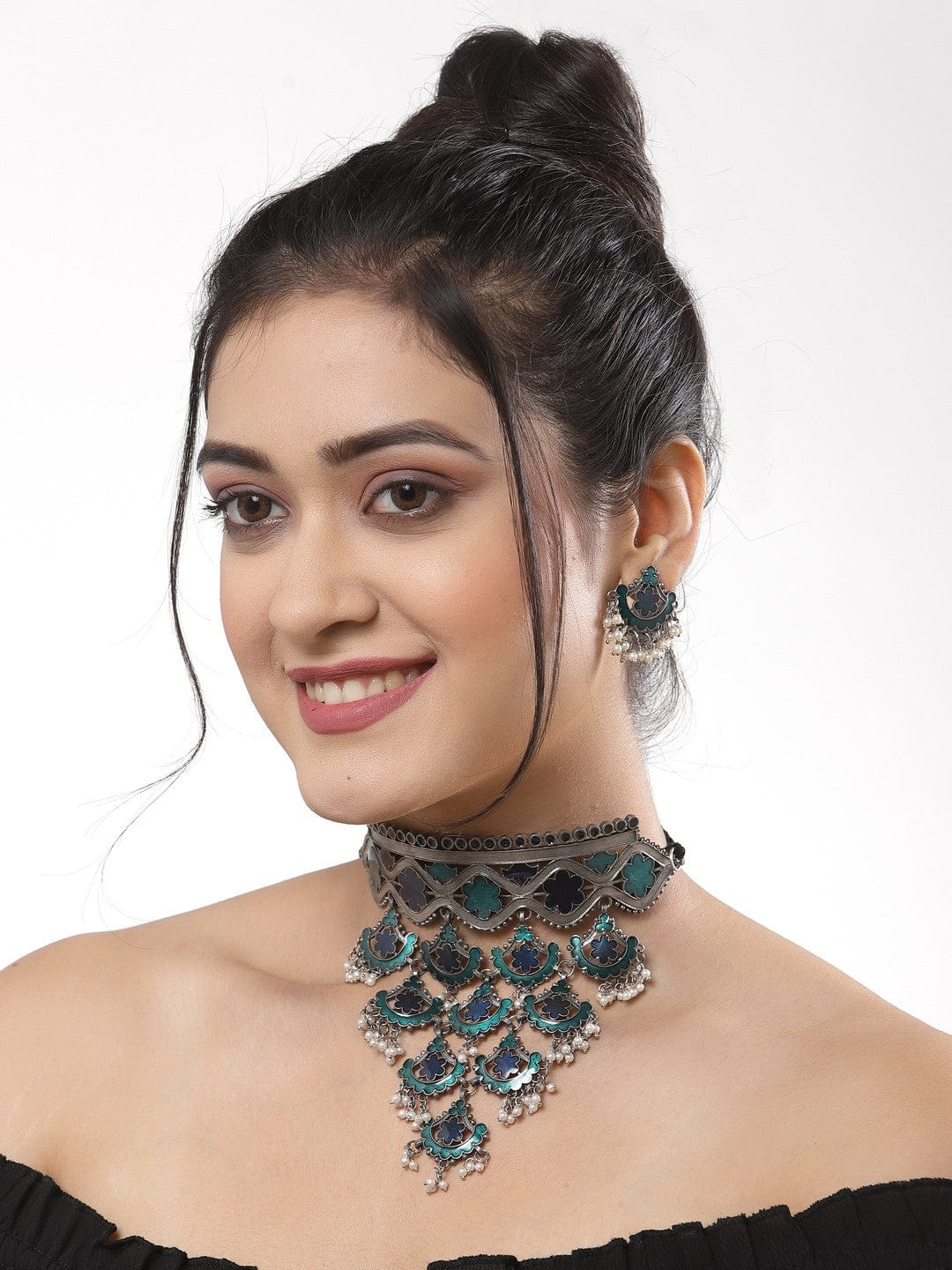 Woman Oxidized Sliver Turquoise Blue & Green Meenakari Jewellery Set