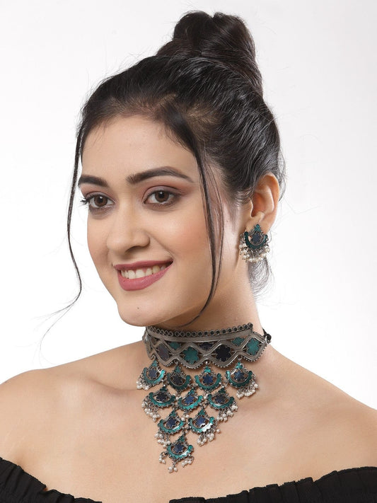 Woman Oxidized Sliver Turquoise Blue & Green Meenakari Jewellery Set