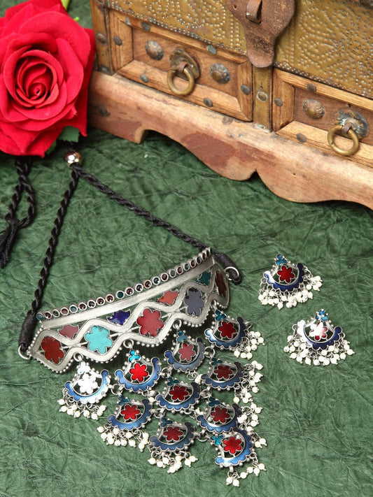 Oxidized Silver-Plated & Green Afghan Tribal Design Meenakari Jewellery Set