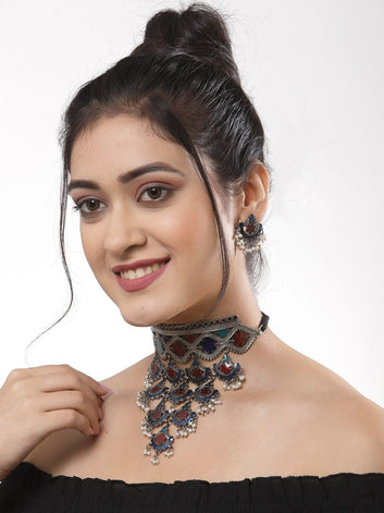 Oxidized Silver-Plated & Green Afghan Tribal Design Meenakari Jewellery Set