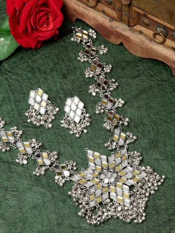Silver Plated & Yellow Mirrors Tasselled Floral Handcrafted Jewellery Set