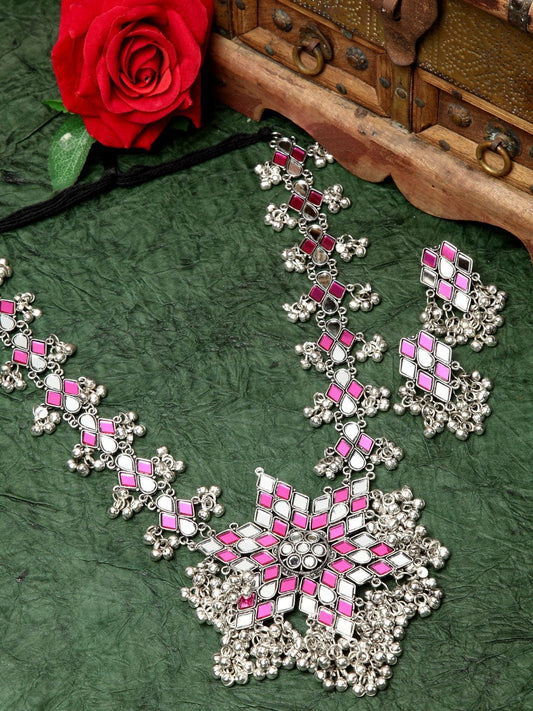 Oxidised Silver-Plated Pink Stone & Mirror-Studded Handcrafted Jewellery Set