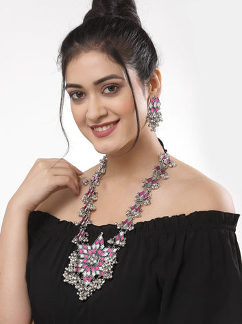 Oxidised Silver-Plated Pink Stone & Mirror-Studded Handcrafted Jewellery Set
