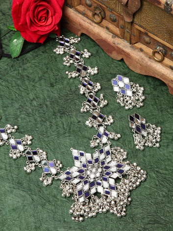 Oxidised Silver-Plated Mirrors Tasselled Floral Design Jewellery Set