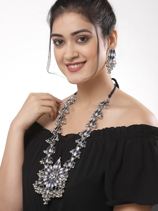 Oxidised Silver-Plated Mirrors Tasselled Floral Design Jewellery Set
