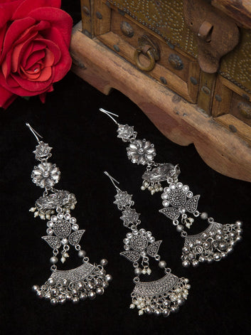 Silver Plated Ghungroo & Stones Studded Oxidised Earrings & Maang Tika Set