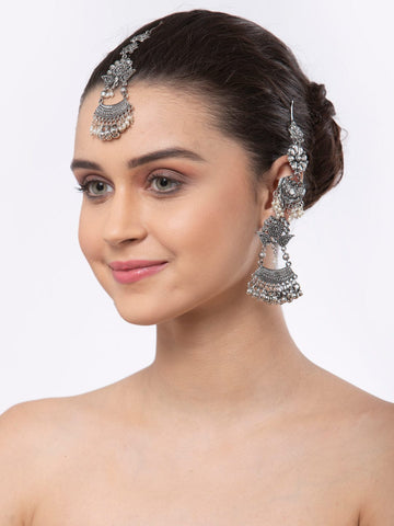 Silver Plated Ghungroo & Stones Studded Oxidised Earrings & Maang Tika Set