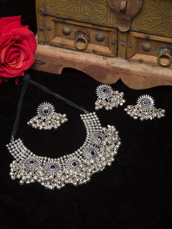 Silver Plated Blue Stones & Ghungroo Studded Oxidised Handcrafted Jewelry Set