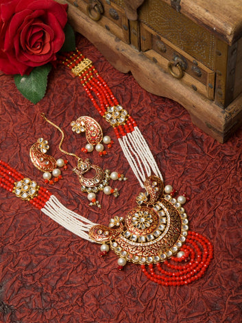 Red & White Pearls & Onyx Stone Studded Meenakari Jewellery Set With Maang Tika