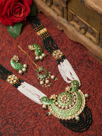 Gold Plated Pearls & Onyx Stones Studded Meenakari Work Jewellery Set