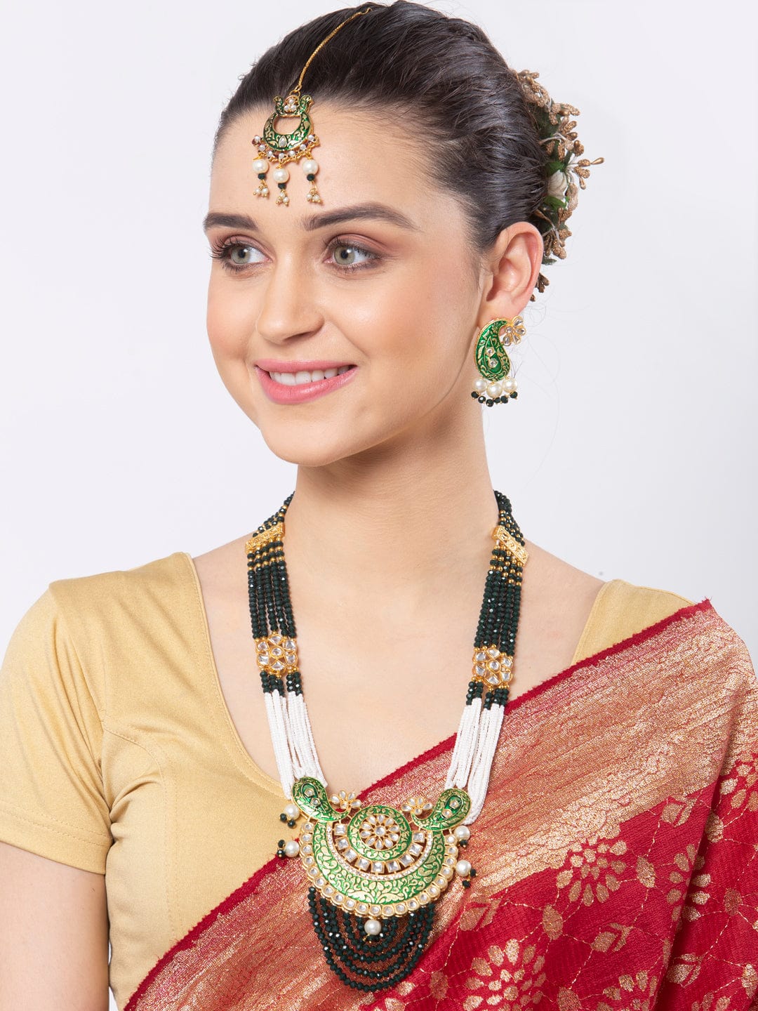 Gold Plated Pearls & Onyx Stones Studded Meenakari Work Jewellery Set