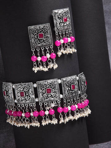 Oxidized Silver-Plated Crystal-Studded & Pearl Beaded Jewellery Set