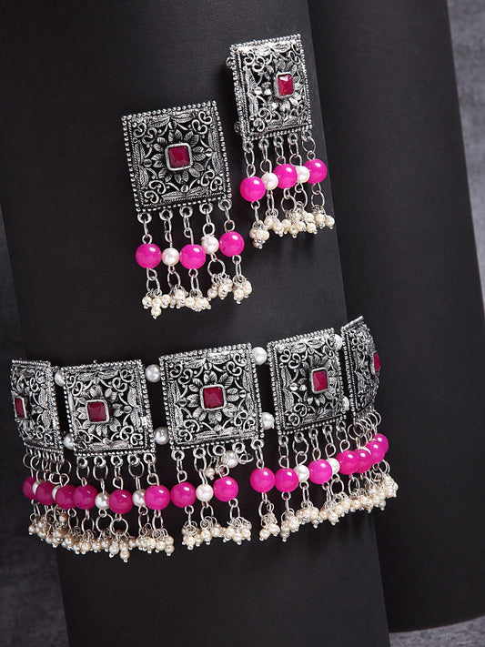 Oxidized Silver-Plated Crystal-Studded & Pearl Beaded Jewellery Set