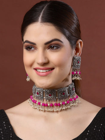 Oxidized Silver-Plated Crystal-Studded & Pearl Beaded Jewellery Set