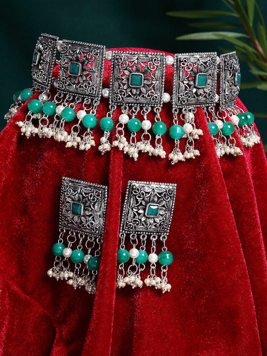 Silver-Plated Pearls & Stones-Studded Jewellery Set