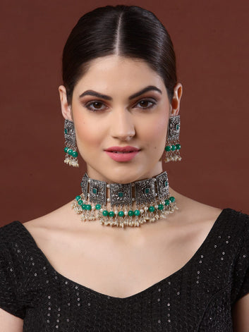 Silver-Plated Pearls & Stones-Studded Jewellery Set