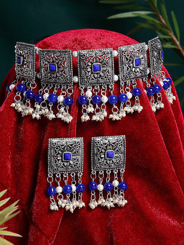 Oxidized Silver-Plated Crystal-Studded & Pearl Beaded Jewellery Set