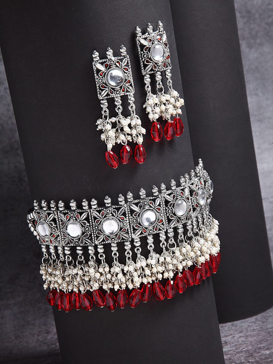 Oxidized Silver-Plated Red Pearl Beaded Jewellery Set