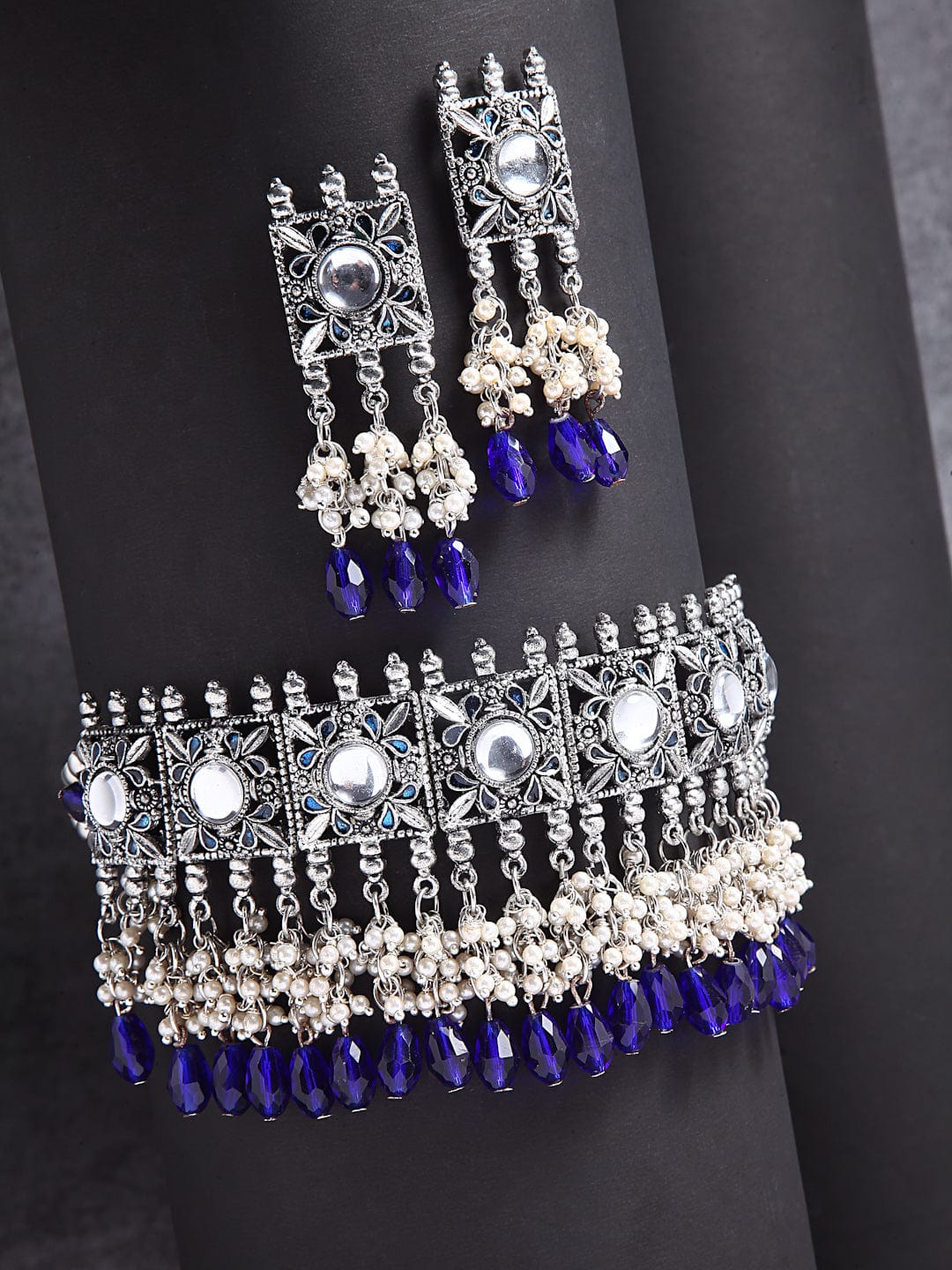 Silver-Plated Stones & Pearls-Studded Jewellery Set