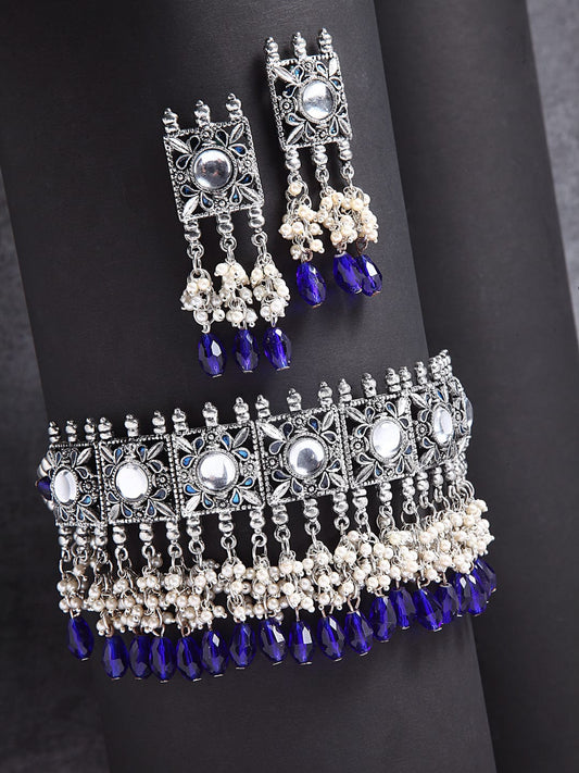 Silver-Plated Stones & Pearls-Studded Jewellery Set