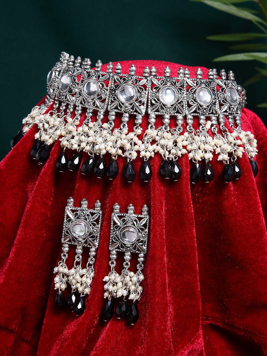 Oxidised Silver-Plated Black & White Stone-Studded Jewellery Set