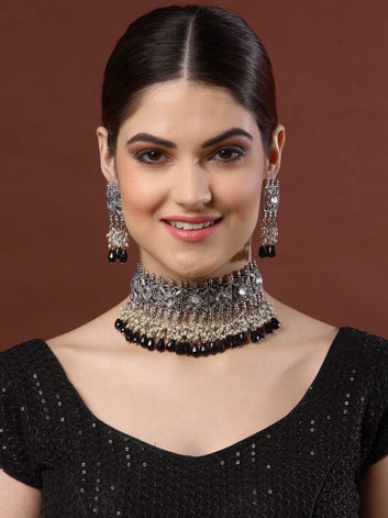 Oxidised Silver-Plated Black & White Stone-Studded Jewellery Set