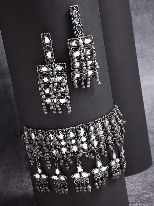 Silver -Plated Mirrors Studded & Beaded Jewellery Set