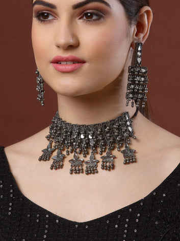 Silver -Plated Mirrors Studded & Beaded Jewellery Set